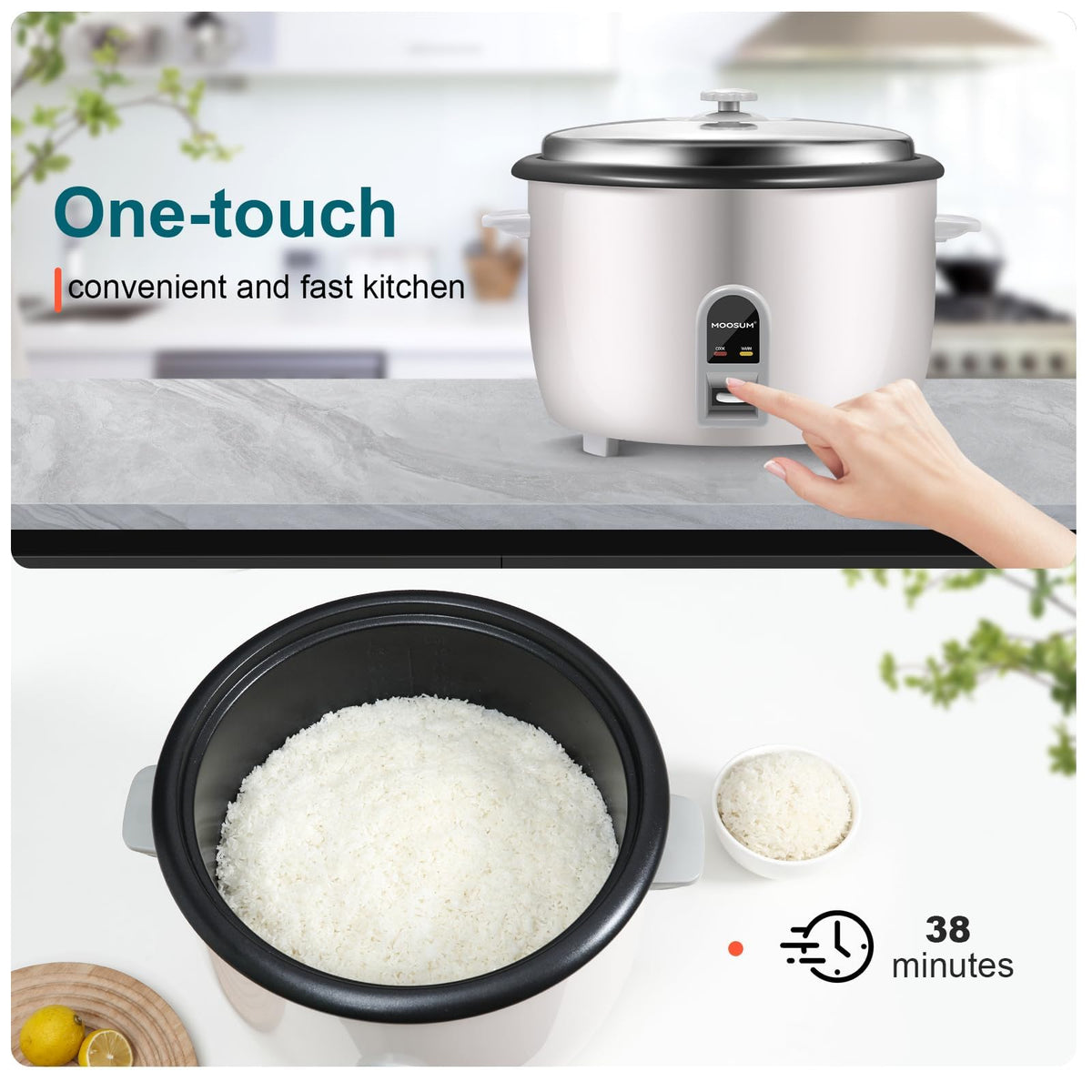 Moosum rice cooker with measuring cup and serving scoop.