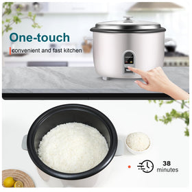 Moosum rice cooker with measuring cup and serving scoop.