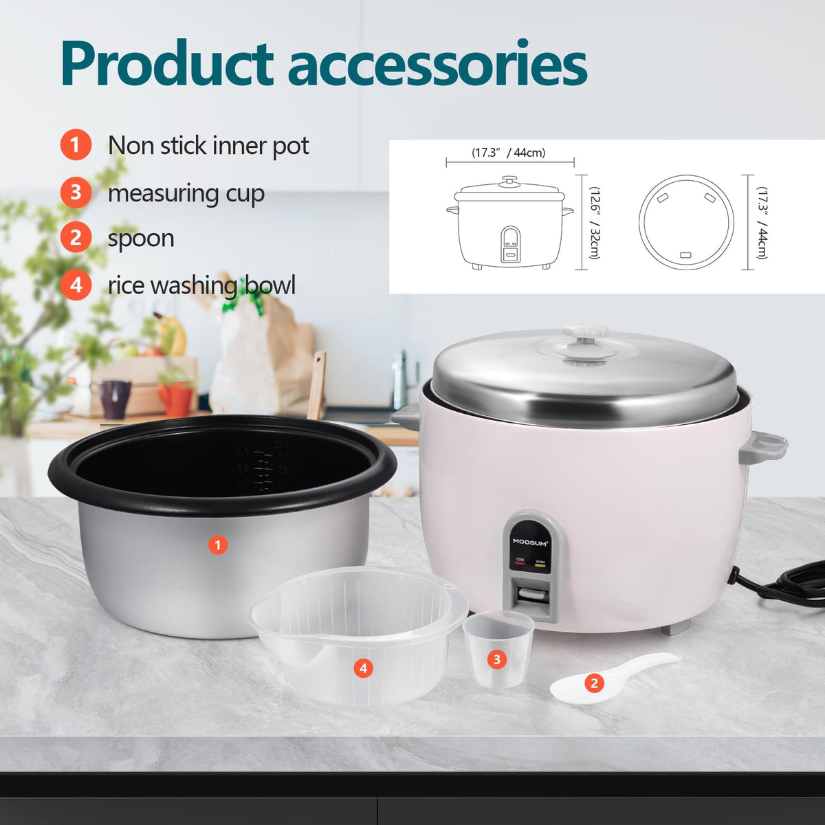 Moosum rice cooker non-stick inner pot for residue-free cooking.