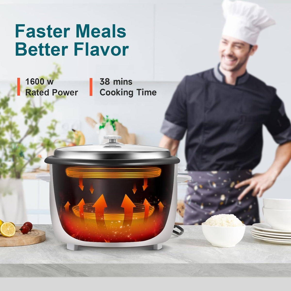 Moosum rice cooker in one-touch operation for quick meal prep.