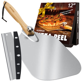 Mooues 12x14 aluminum pizza peel with folding handle for easy storage.