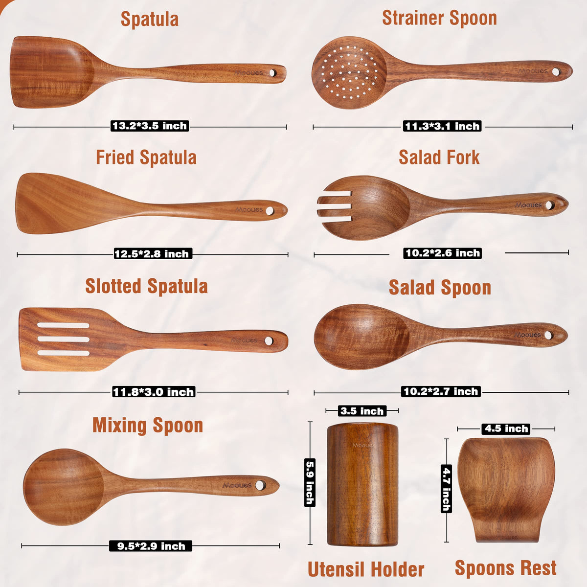 Mooues 9-piece kitchen utensils set covers essential stirring, flipping, and serving tasks.