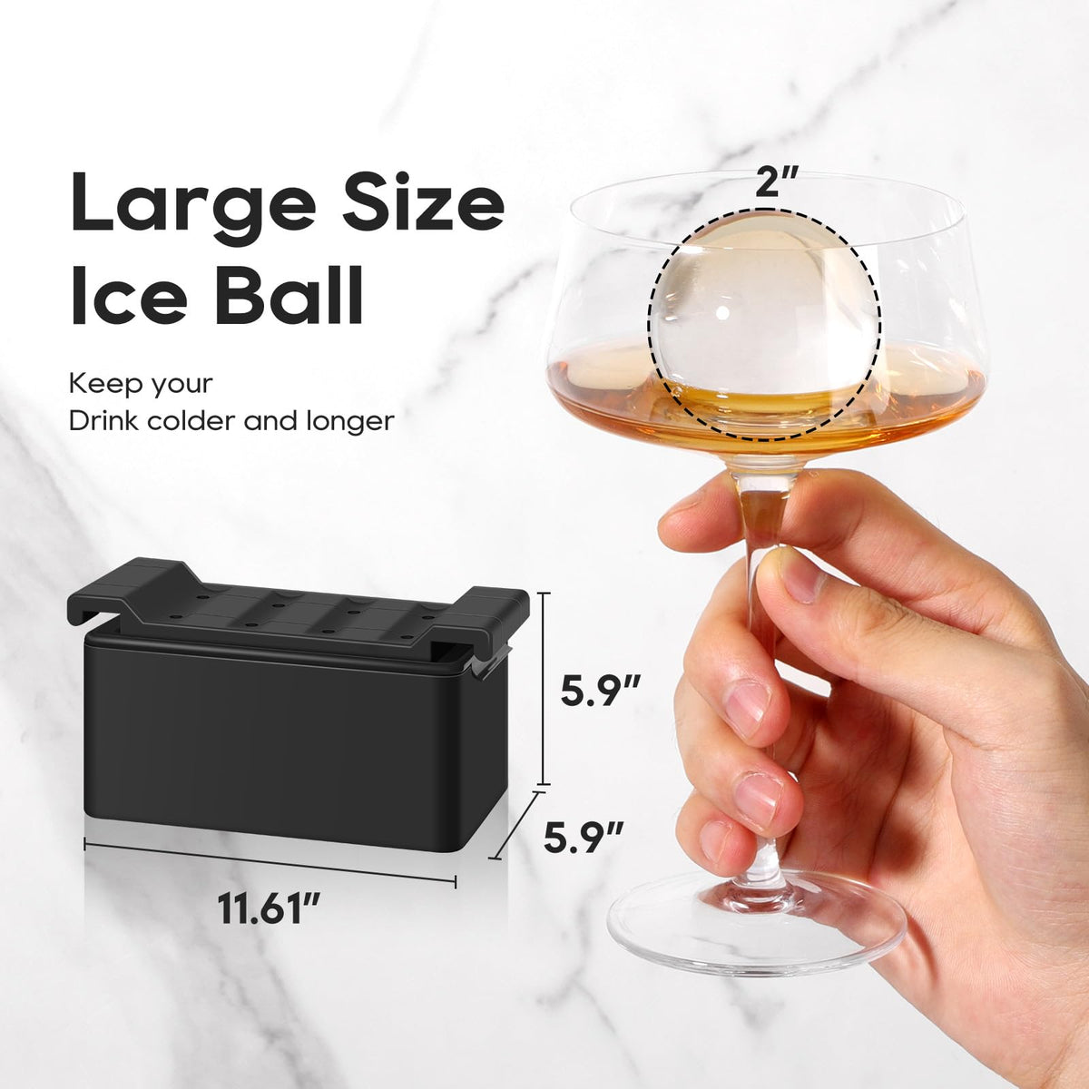 Mooues clear ice spheres enhancing a whiskey glass.
