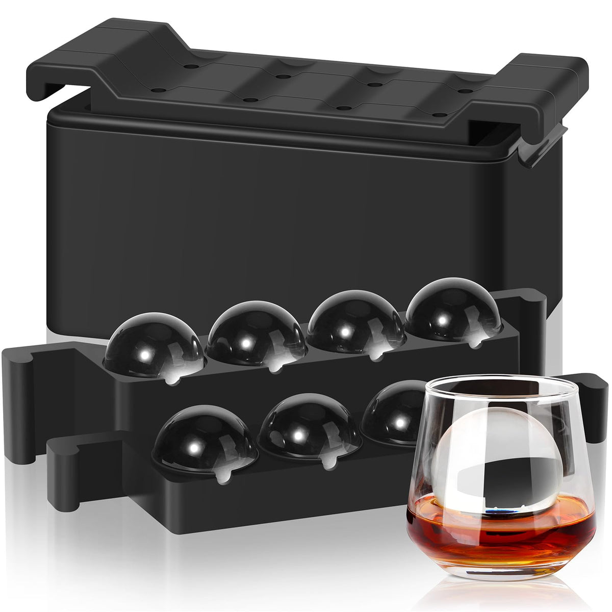 Mooues clear ice cube maker with eight large 2-inch spheres in a glass.