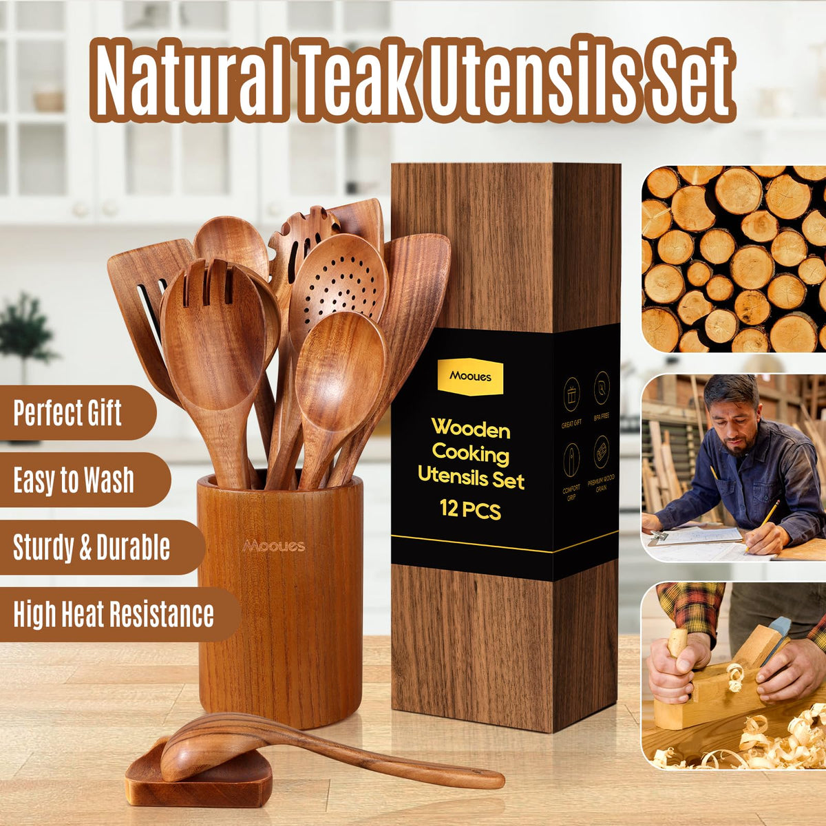 Mooues teak utensils resist high heat for safe kitchen use.