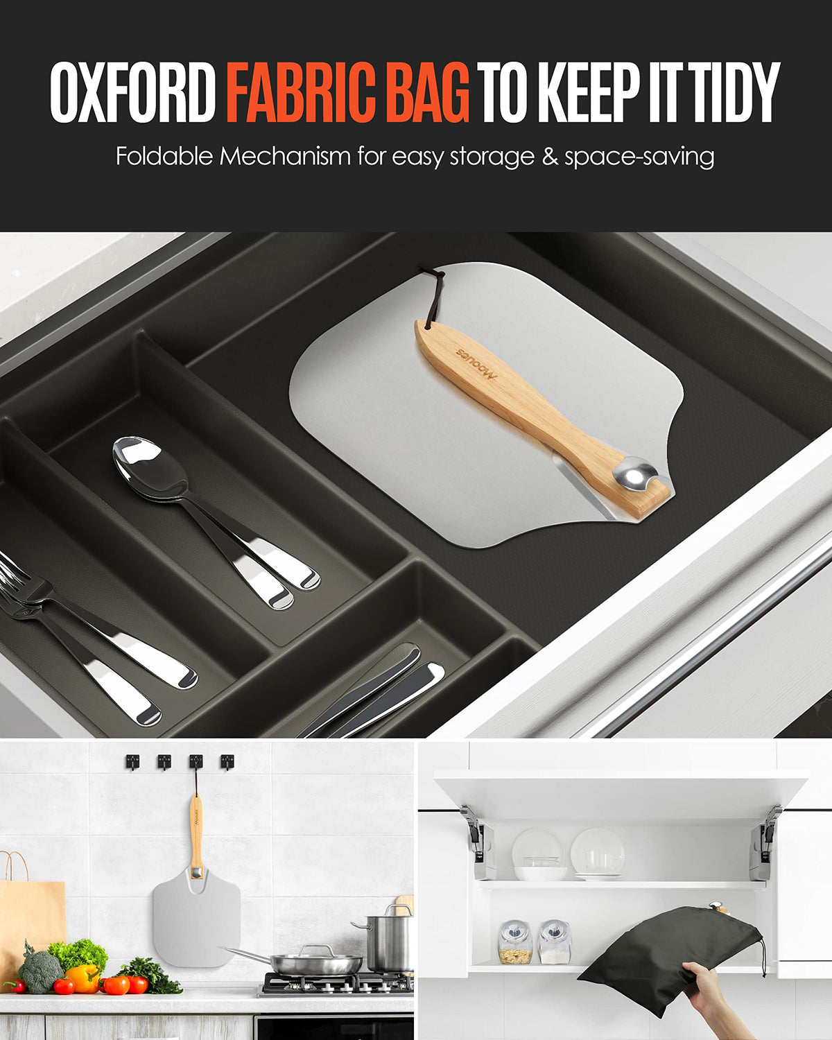 Mooues lightweight aluminum pizza peel for smooth dough transfer.