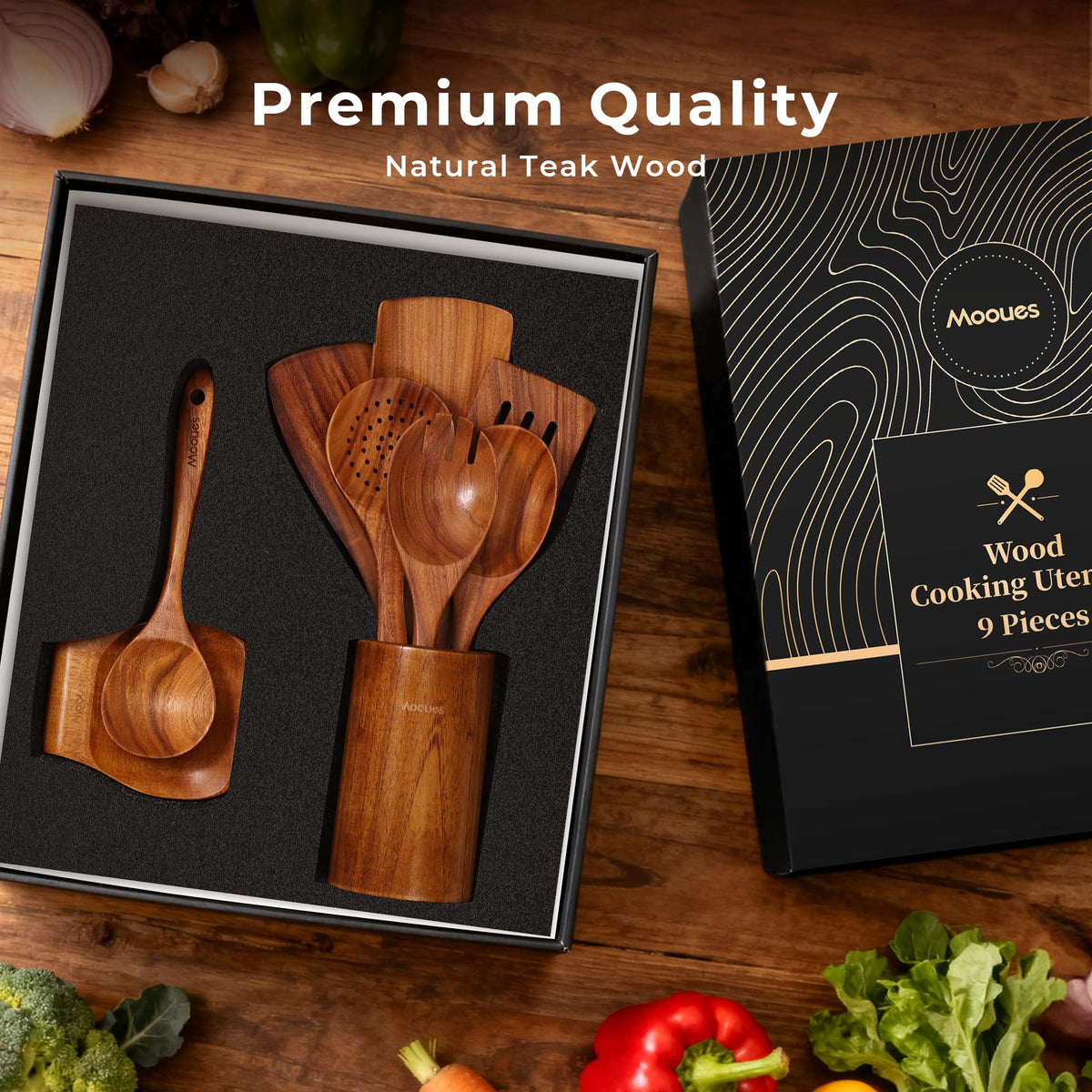 Mooues natural teak surface feels smooth and gentle on cookware.