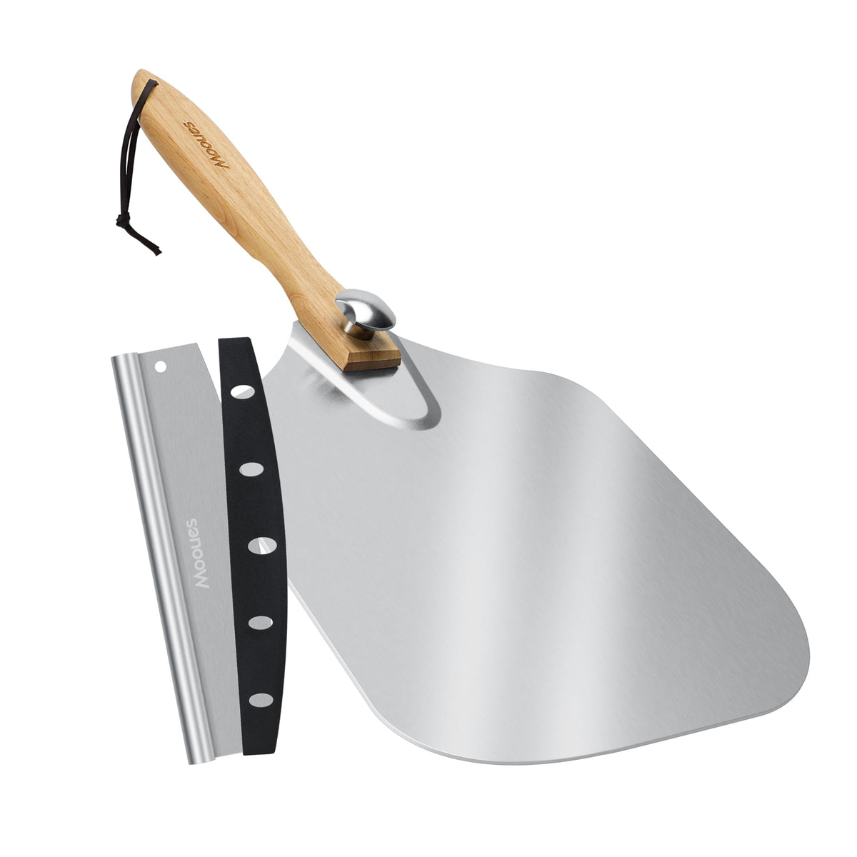 Mooues pizza peel folded for compact storage in a tidy kitchen
