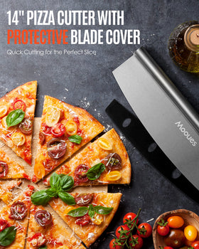 Mooues rocker cutter included for quick, clean pizza slicing.