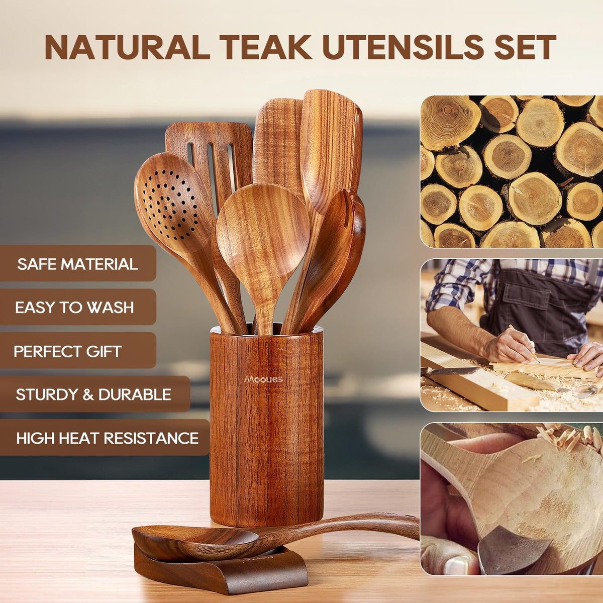 Mooues teak spoon rest to keep counters clean while cooking