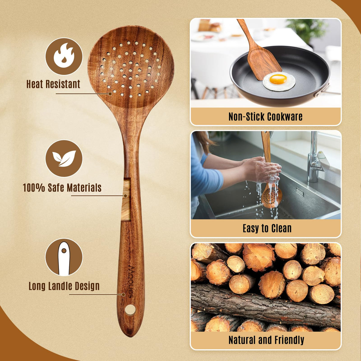 Mooues teak spoons collection on display showing natural warmth