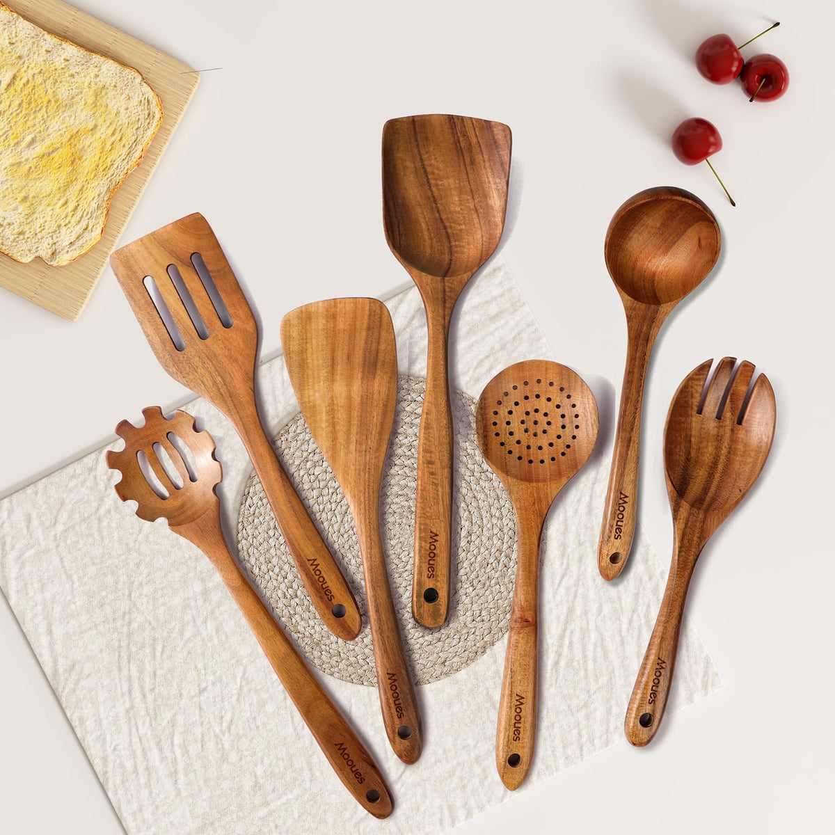 Mooues teak spoon set includes a hanging hole for storage