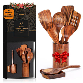 Mooues teak spoons holder keeps counters neat and cooking tools accessible.