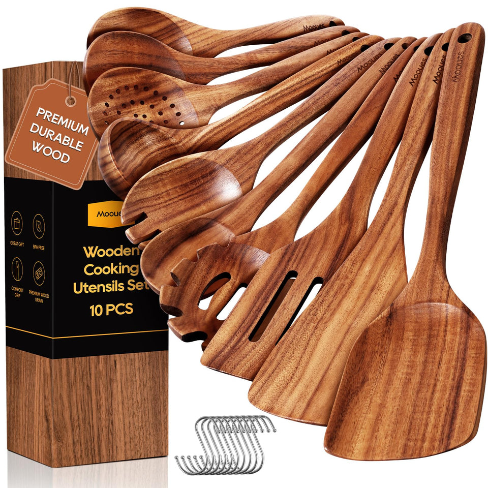 Mooues teak wooden spoons set ready for everyday cooking and easy stirring
