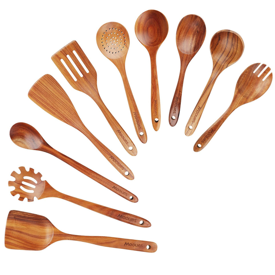 Mooues teak spoons set front view highlighting durable teak construction for daily cooking