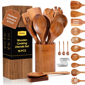 Mooues teak spoons set, front view showing durable smooth finish for gentle cooking