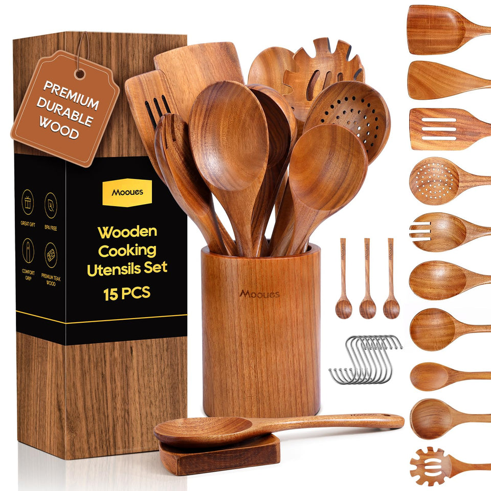 Mooues teak spoons set, front view showing durable smooth finish for gentle cooking