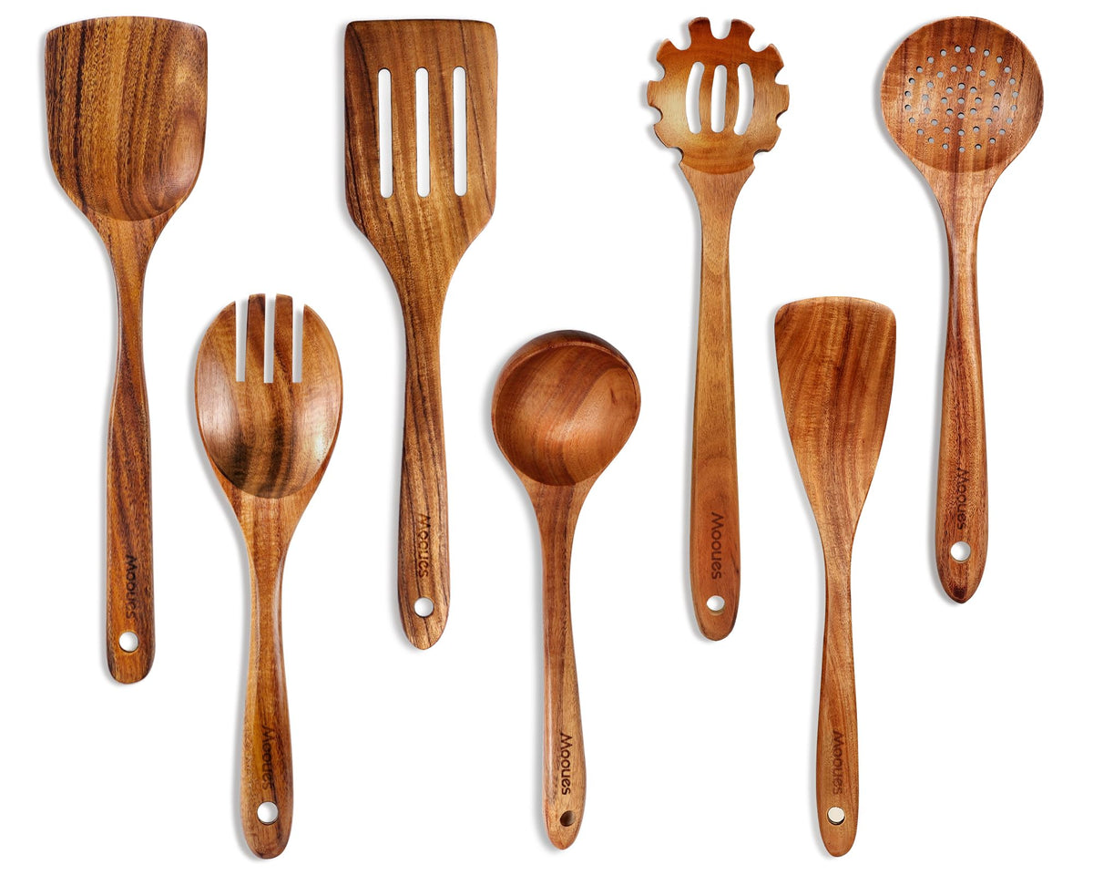 Mooues teak wooden spoons set hanging to dry after use