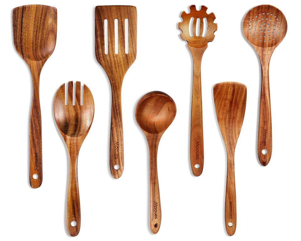 Mooues teak wooden spoons set hanging to dry after use