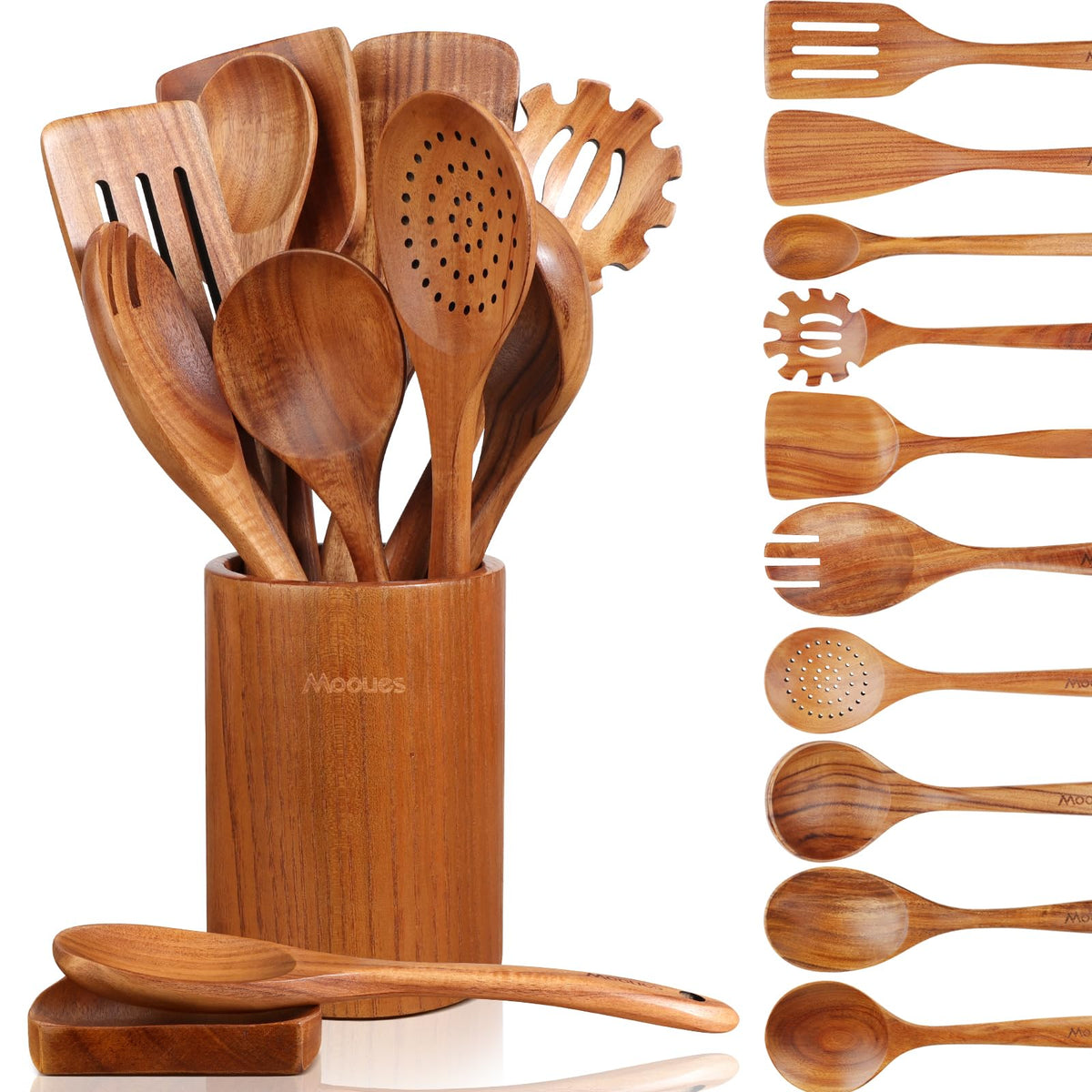 Mooues teak spoons set on counter, durable and nonstick-safe for everyday cooking.