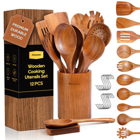 Mooues teak spoons set with smooth finish for non-stick cooking and easy stirring.