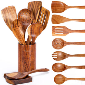 Mooues 9-piece teak utensil set laid out for cooking versatility and durability