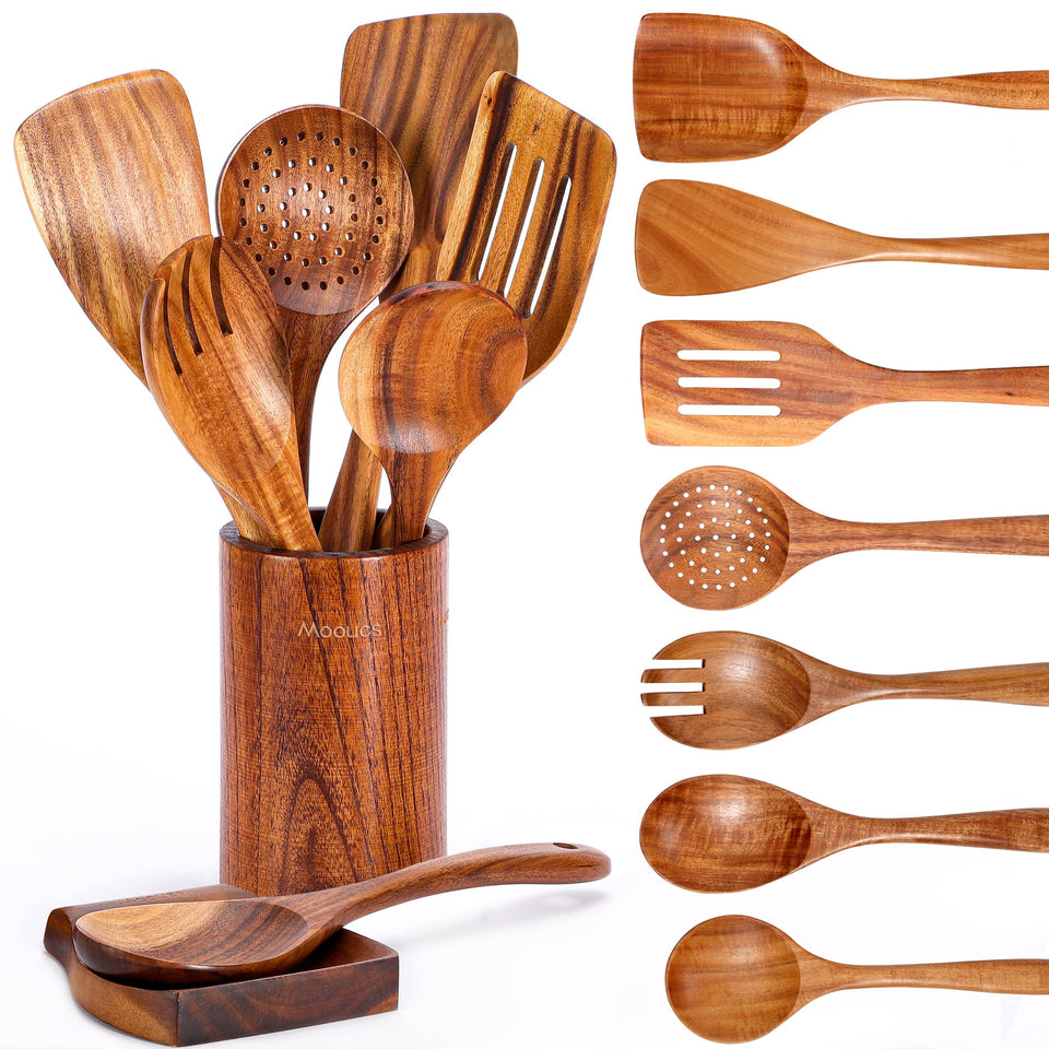 Mooues 9-piece teak utensil set laid out for cooking versatility and durability