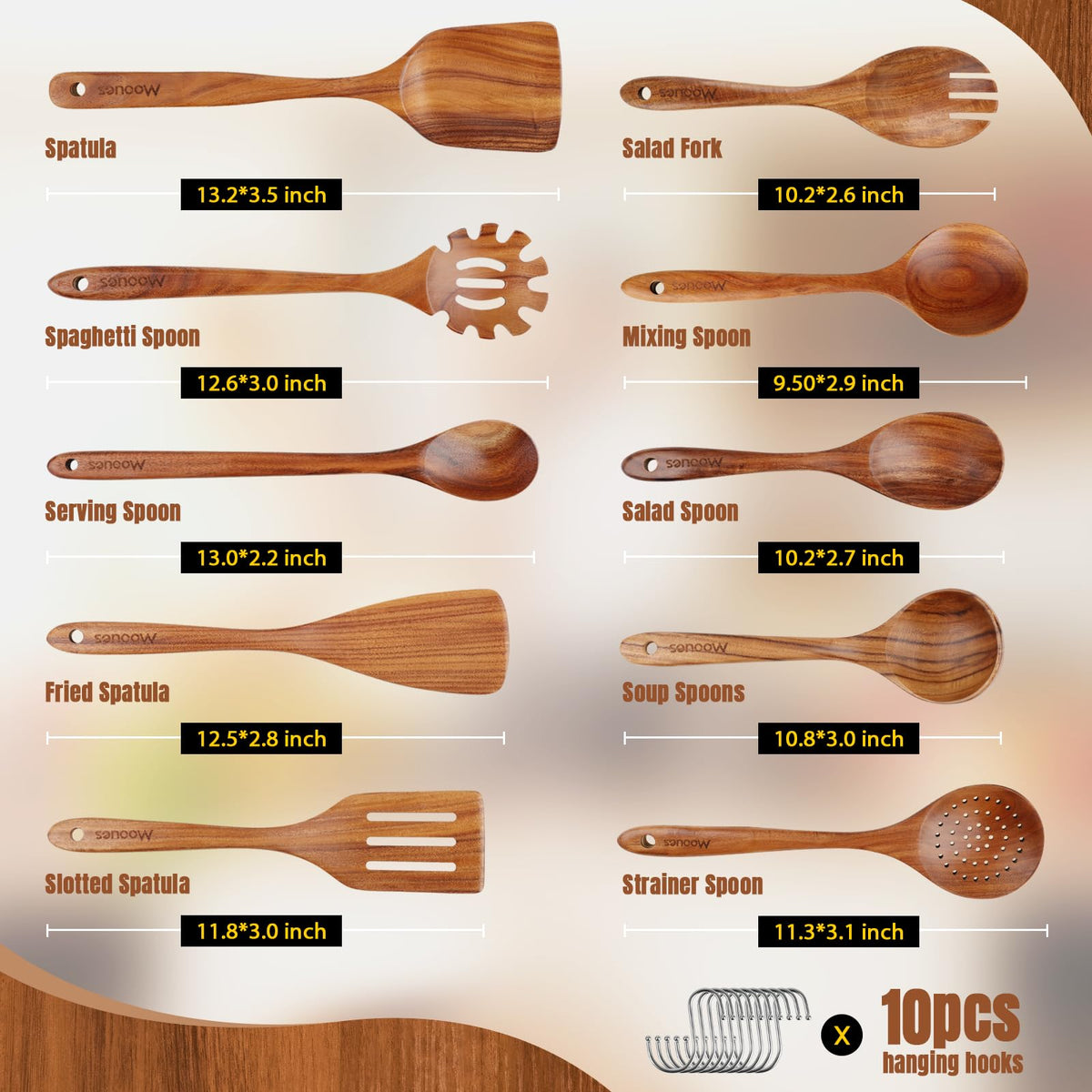Mooues wooden slotted turner ideal for draining liquids without scratching