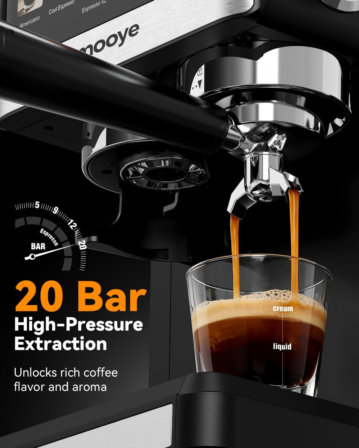 Mooye espresso machine with grinder 20-bar pump visible for rich extraction.