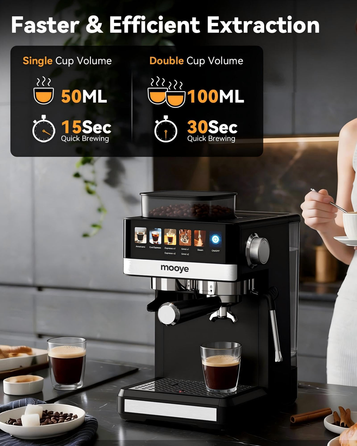 Mooye espresso machine built-in grinder closeup delivers consistent grind.