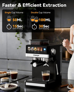 Mooye espresso machine built-in grinder closeup delivers consistent grind.