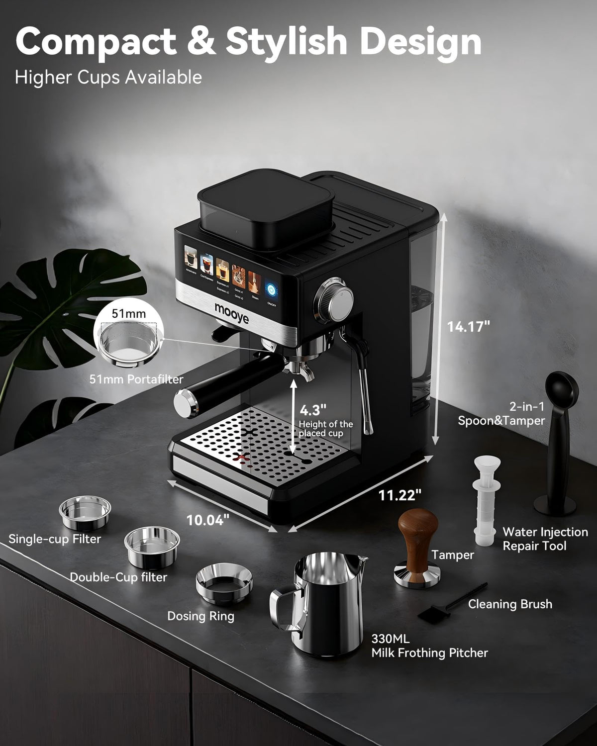 Mooye espresso machine countertop design fits small spaces.
