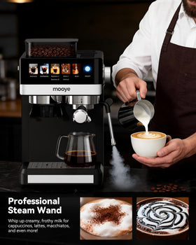 Mooye espresso machine LED touchscreen simplifies one-touch brewing.