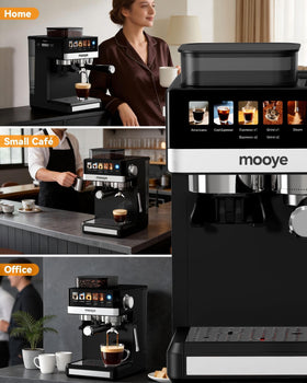 Mooye espresso machine removable water tank for easy refills.