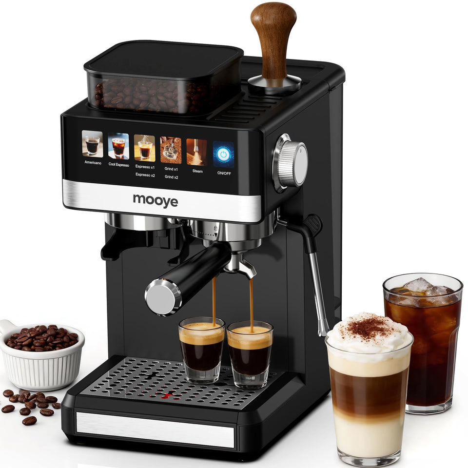 Mooye espresso machine with grinder front view for quick, barista-style coffee at home.