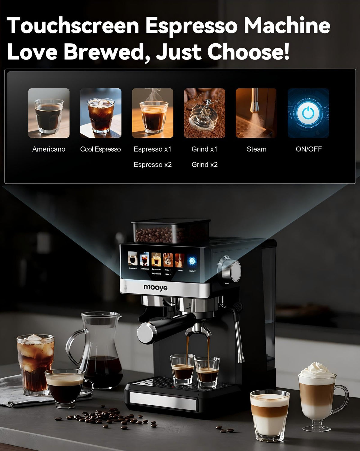 Mooye espresso machine with grinder side view in a compact kitchen.