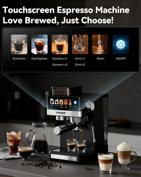 Mooye espresso machine with grinder side view in a compact kitchen.