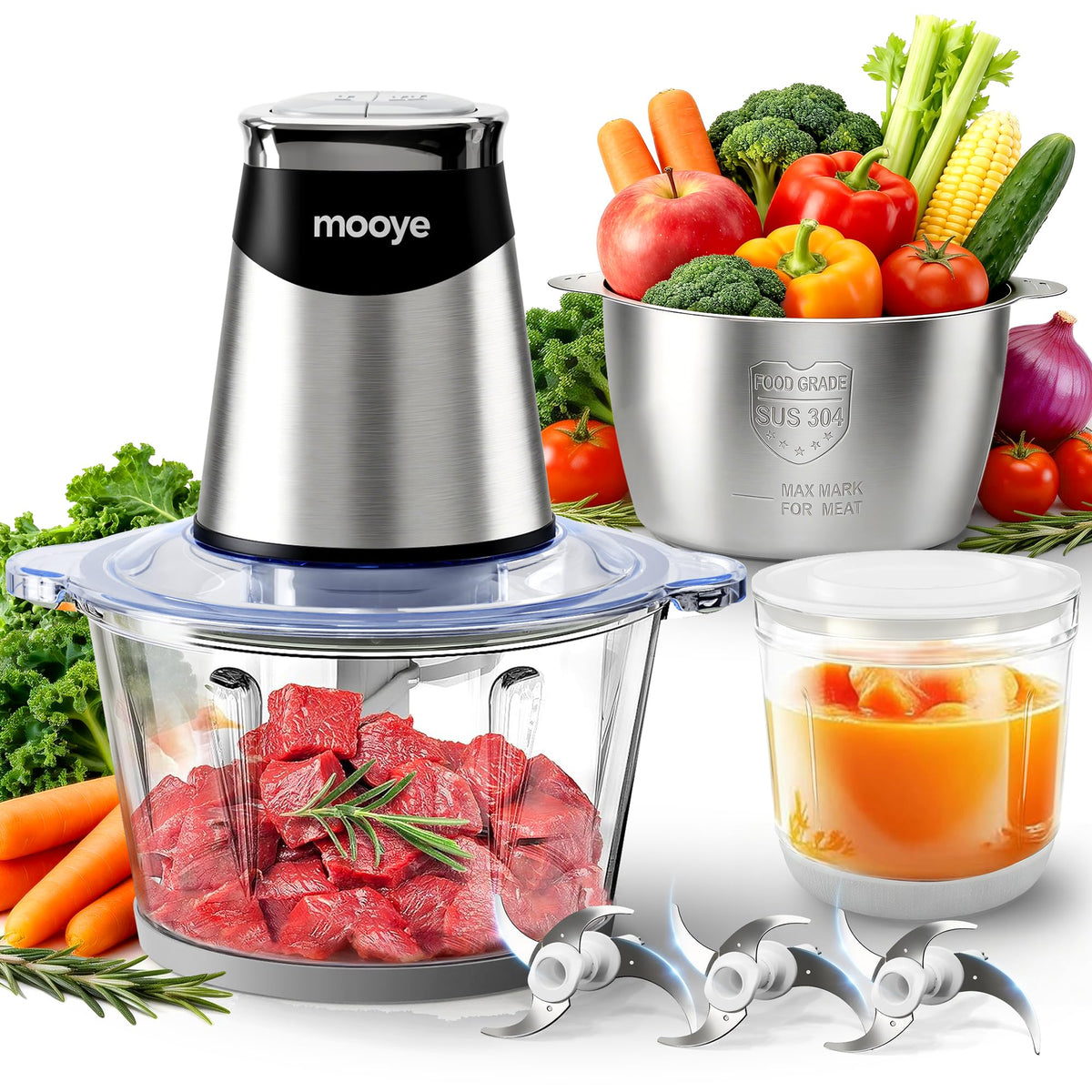 Mooye food processor with three bowls setup for versatile meal prep.