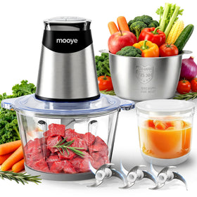 Mooye food processor with three bowls setup for versatile meal prep.