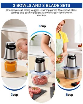 Mooye meat and vegetable blades deliver fast, even chopping.