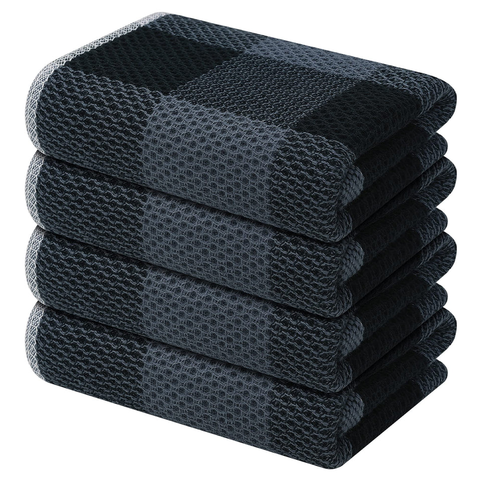 Mordimy buffalo-check towels folded, showing soft waffle texture for fast drying