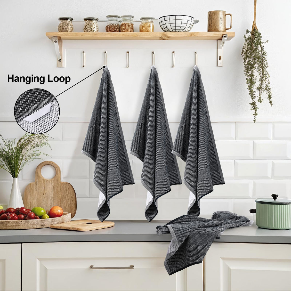 Mordimy Premium Kitchen Towels six-pack display showing convenient kitchen essentials.