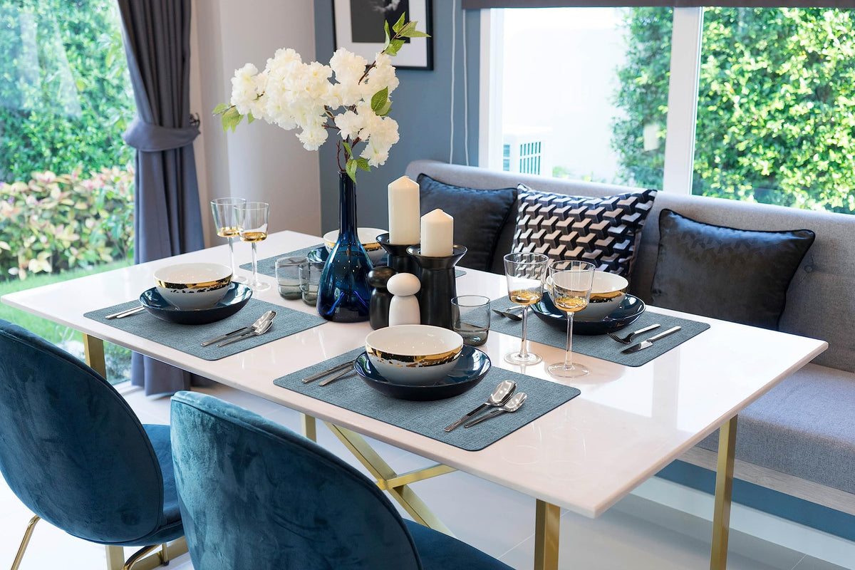 More Decor placemats blue heat-resistant surface in use during dinner