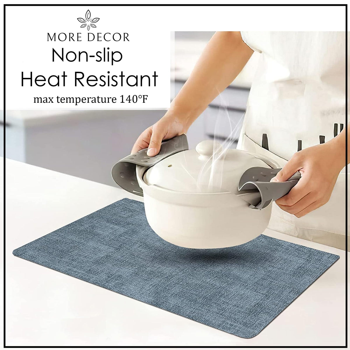 More Decor placemats blue non-slip backing lying flat on table
