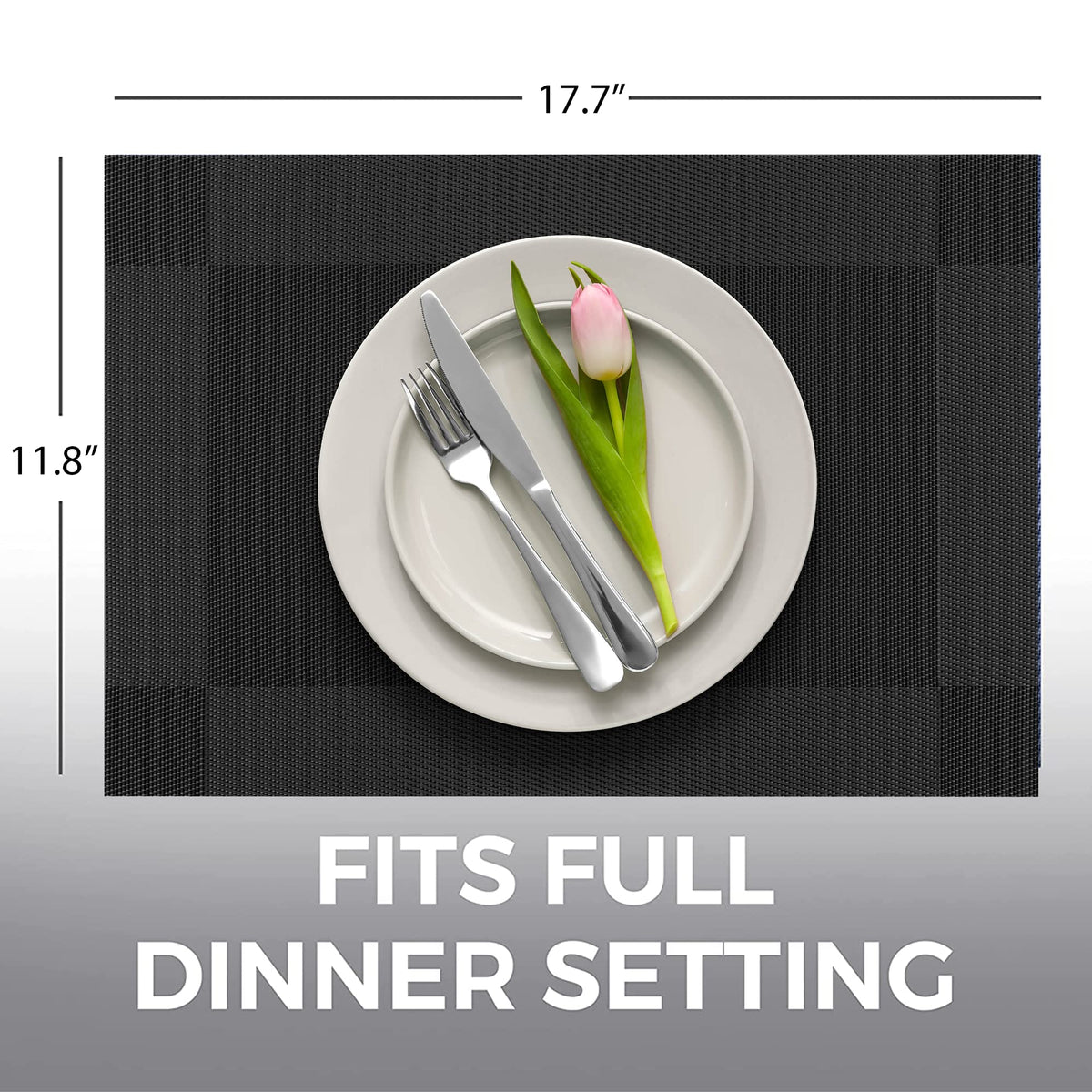 More Decor black placemats fit modern dining setups.