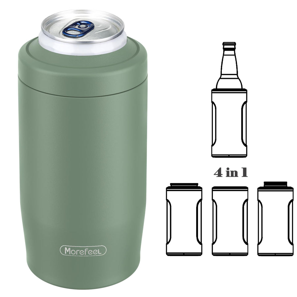 MoreFeel 4-in-1 skinny can cooler in action, versatile and compact for on-the-go cooling.