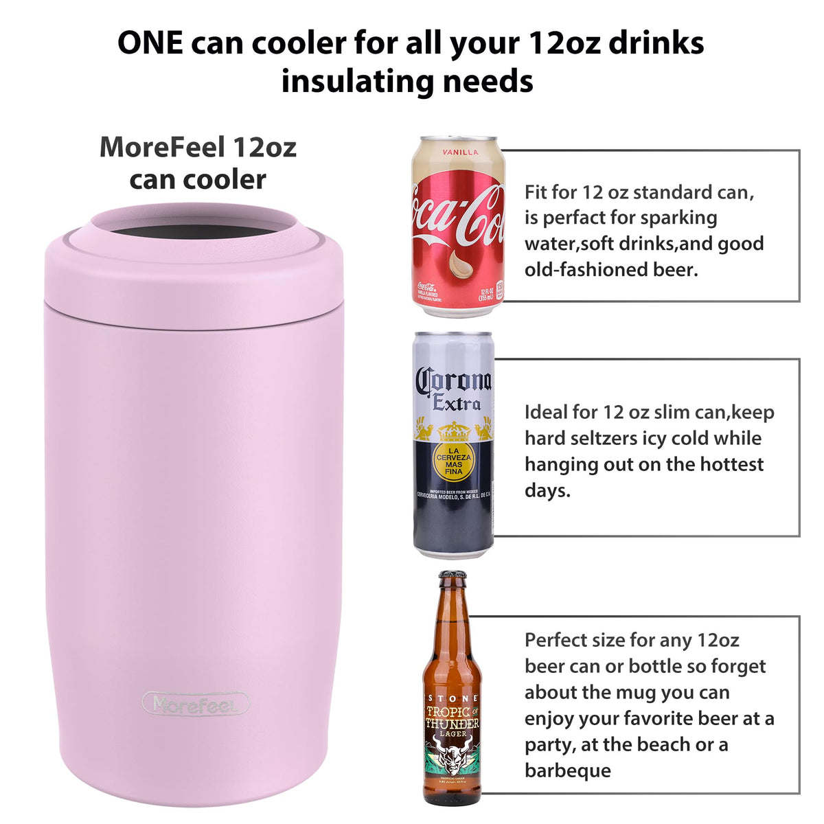 MoreFeel-compatible 12 oz cans and bottles fit without adapters.