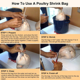 Morepack shrink bags shown sealing whole chicken or rabbit efficiently.