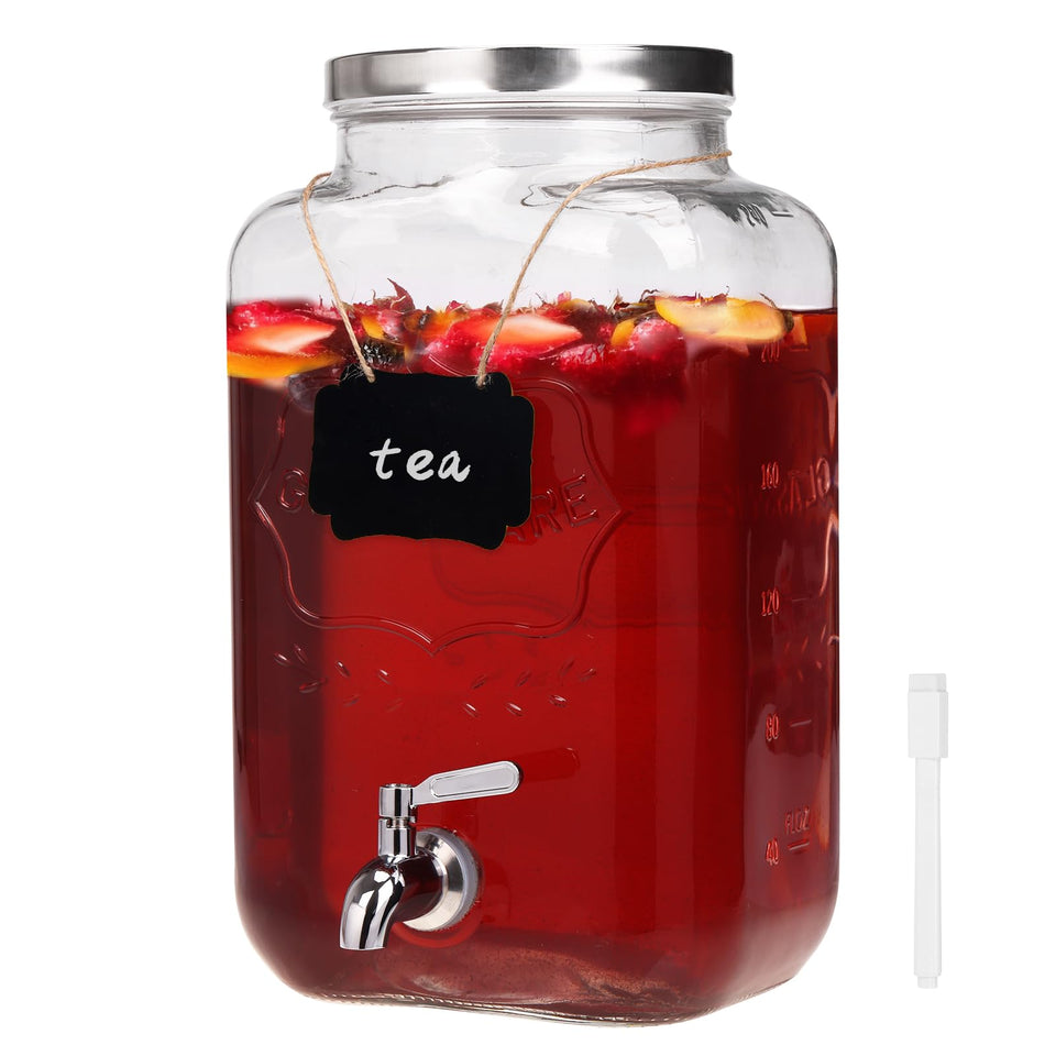 Moretoes 2-gallon glass drinks dispenser spigot for easy, mess-free serving at parties.