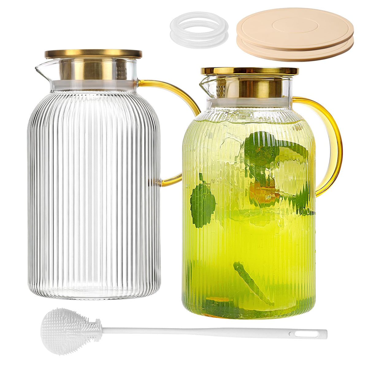 Moretoes 2-pack glass pitcher with handle and lid for easy cold beverages.